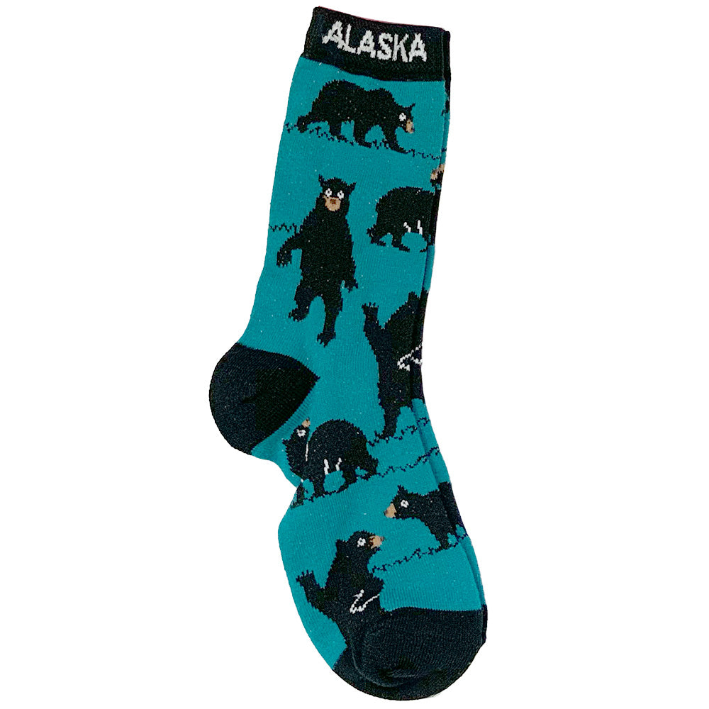 Teal sock with bear pattern and 'Alaska' text on a white background