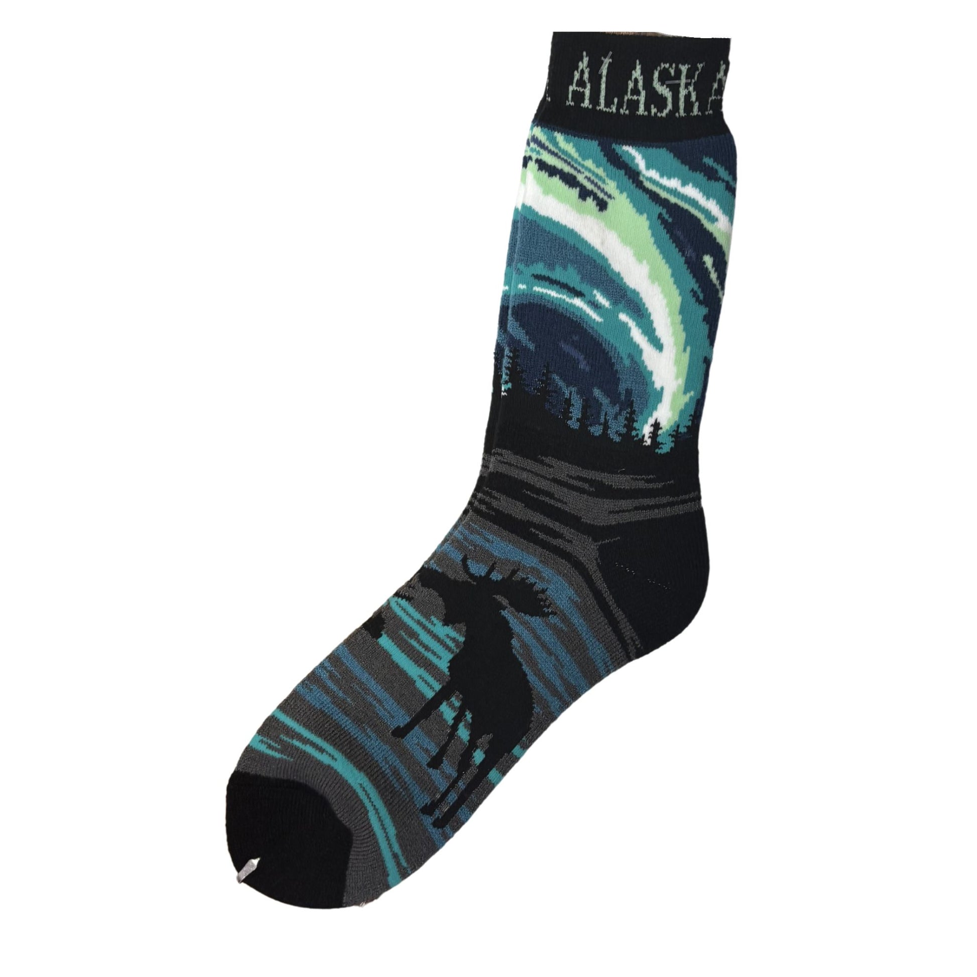 Sock with blue and black pattern on a white background