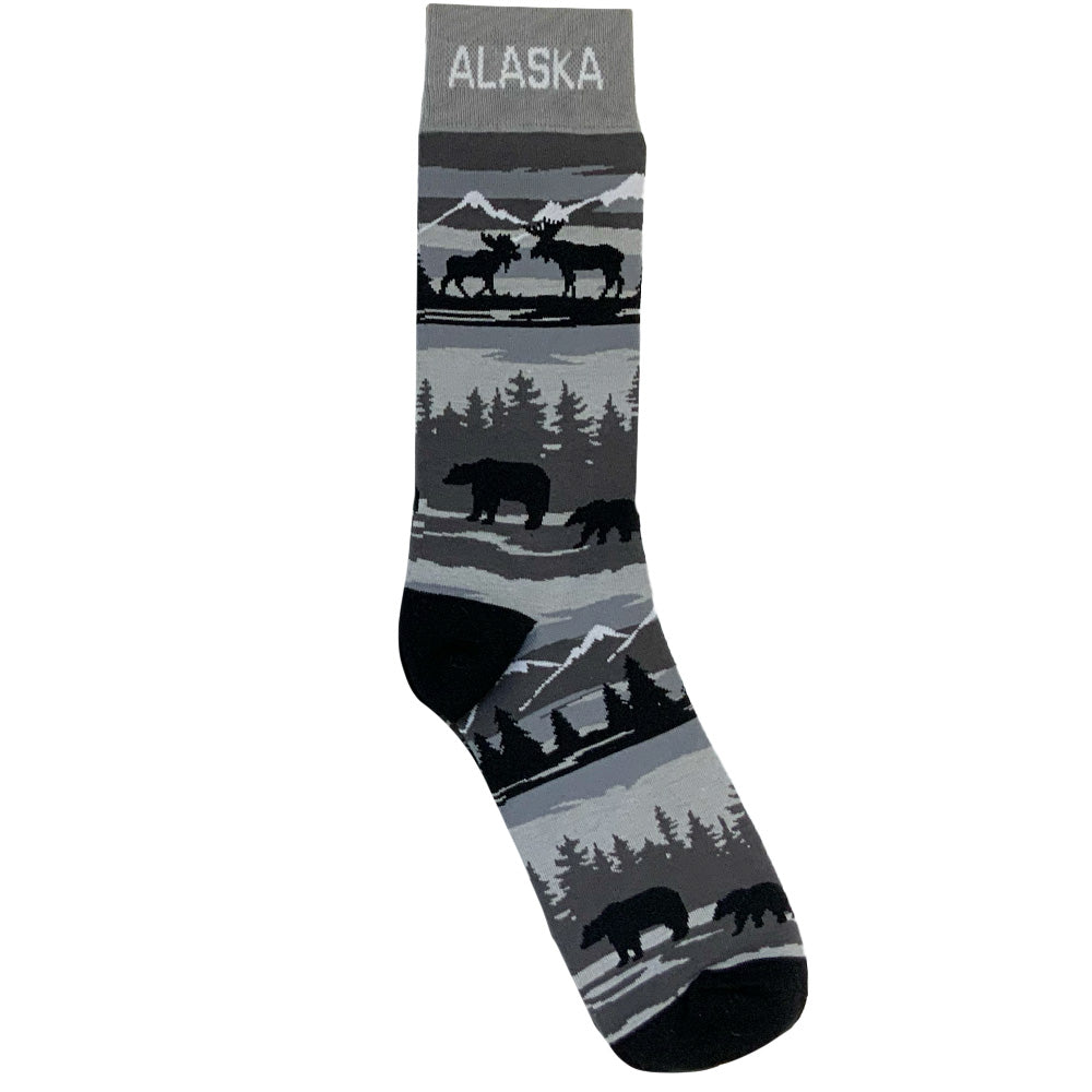 Sock with Alaska landscape design featuring bears, moose, and mountains on a gray background