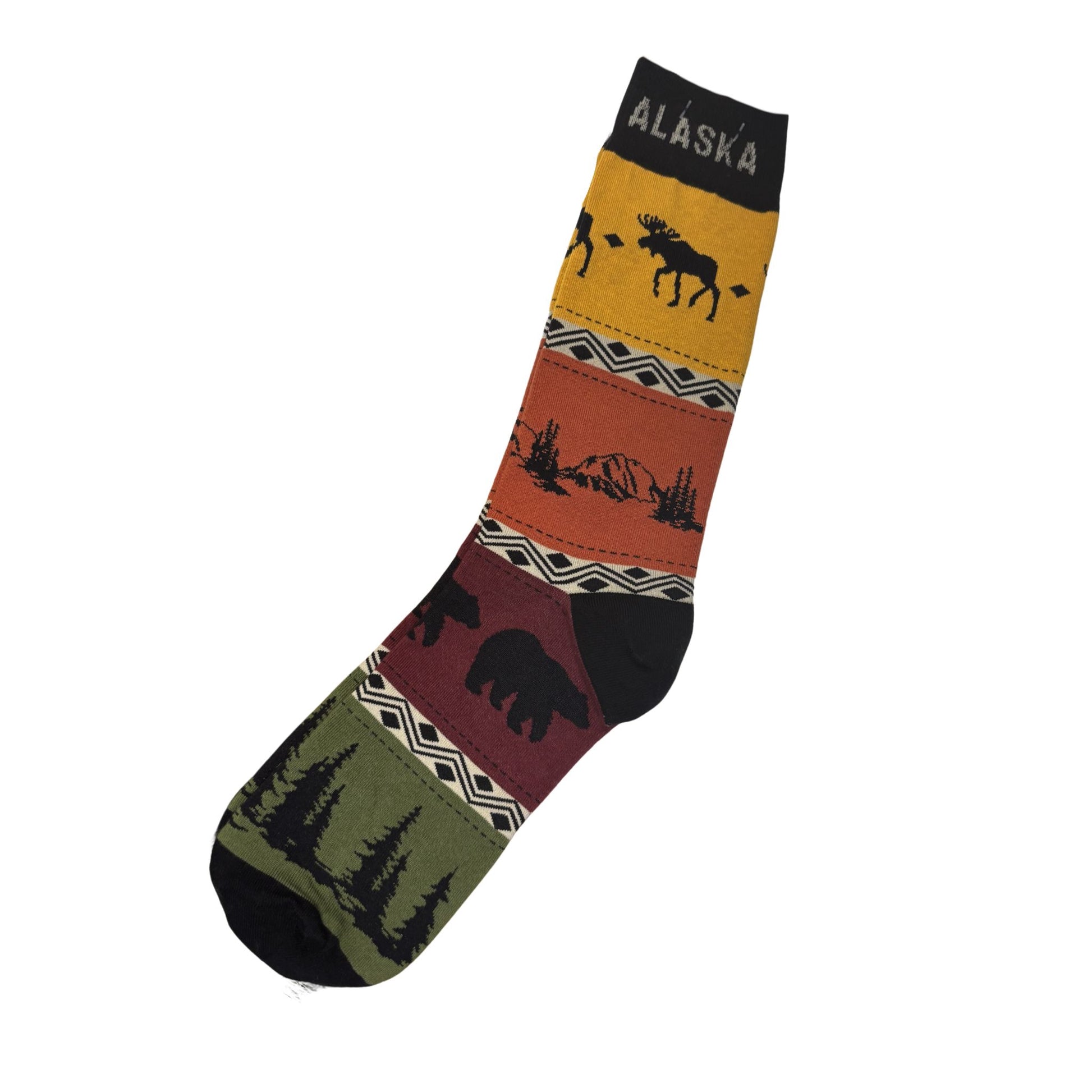 Colorful sock with nature-themed design and 'Alaska' text on a white background