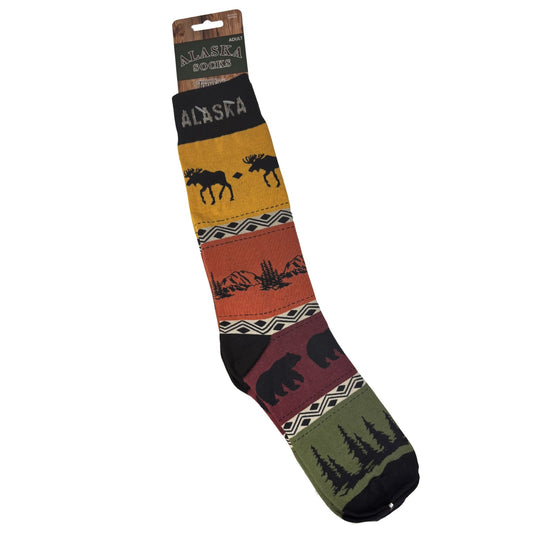 Alaska-themed sock with moose, bear, and mountain design on a white background