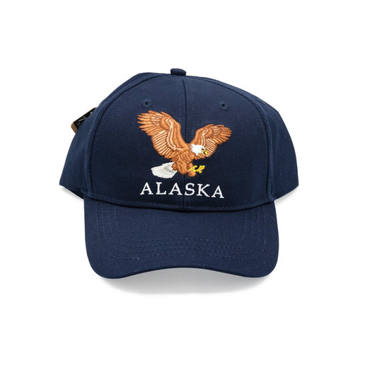 Navy blue cap with embroidered eagle and 'Alaska' text on a white background