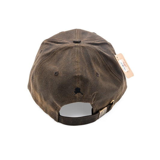Back of brown baseball cap with a tag on a white background