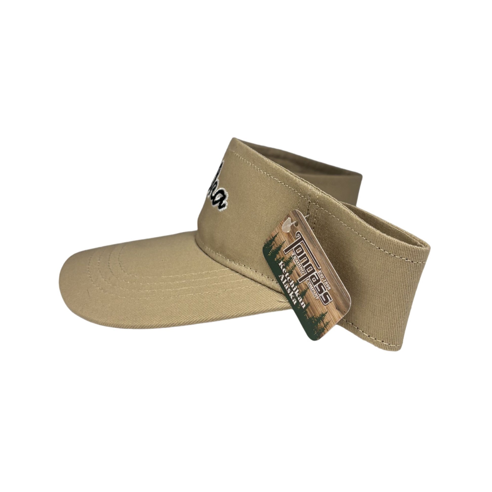 Beige visor cap with a logo on a white background
