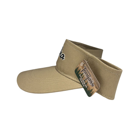 Beige visor cap with a logo on a white background