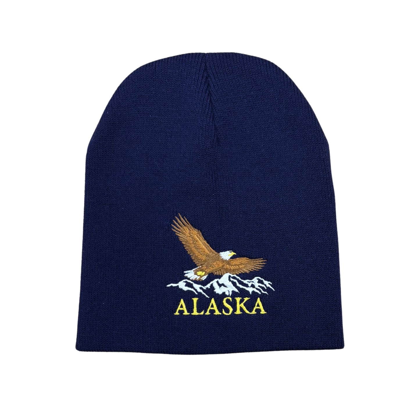 Navy blue beanie with an embroidered eagle and 'Alaska' text on a white background