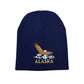 Navy blue beanie with an embroidered eagle and 'Alaska' text on a white background