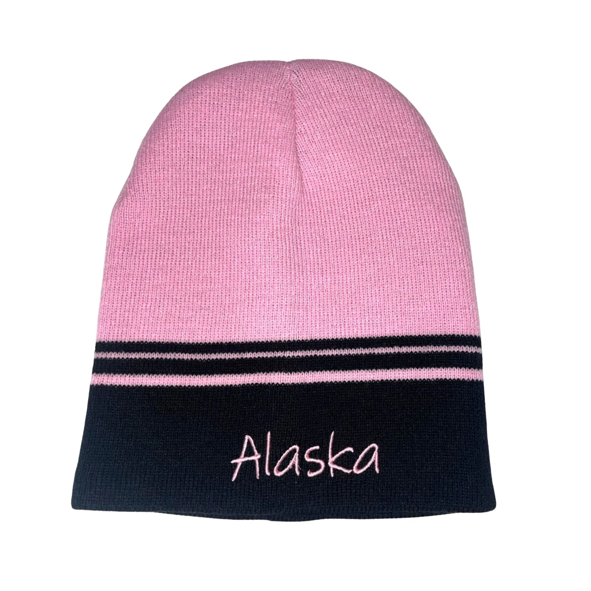 Pink and black beanie with 'Alaska' embroidery 