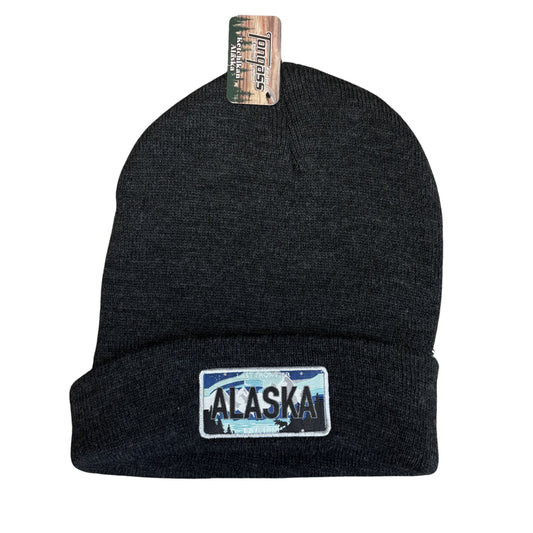 Black beanie with 'Alaska' patch on a white background