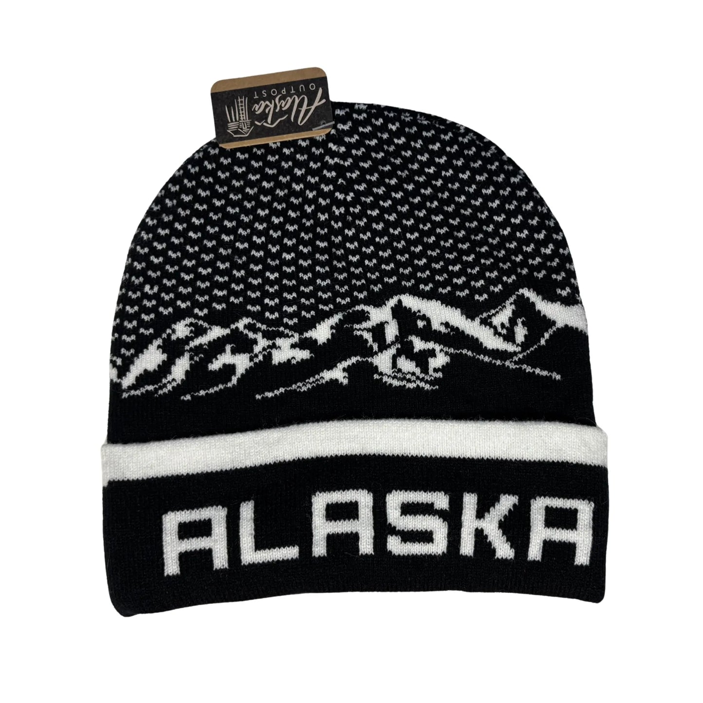 Black and white beanie with mountain design and 'Alaska' text 