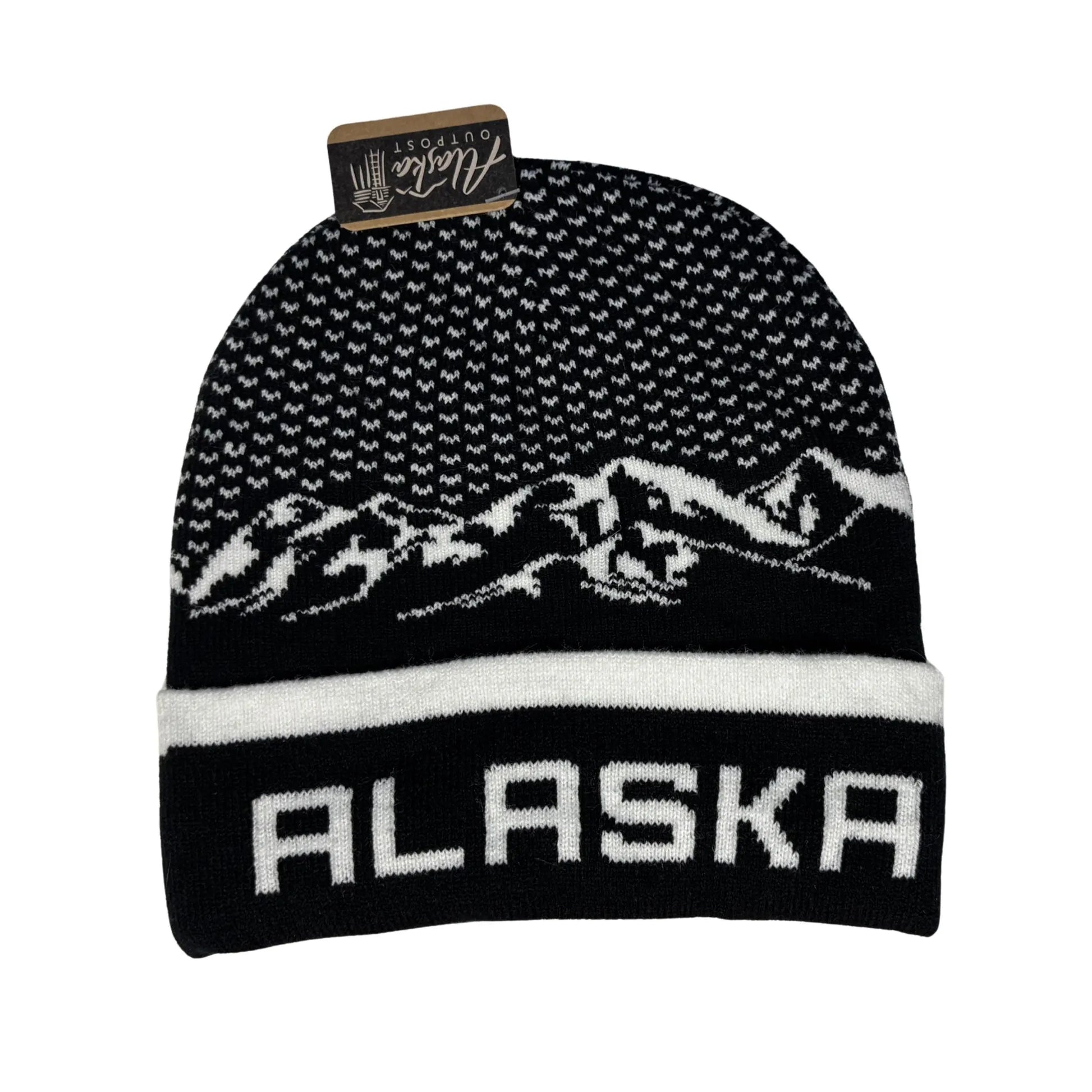 Black and white beanie with mountain design and 'Alaska' text 