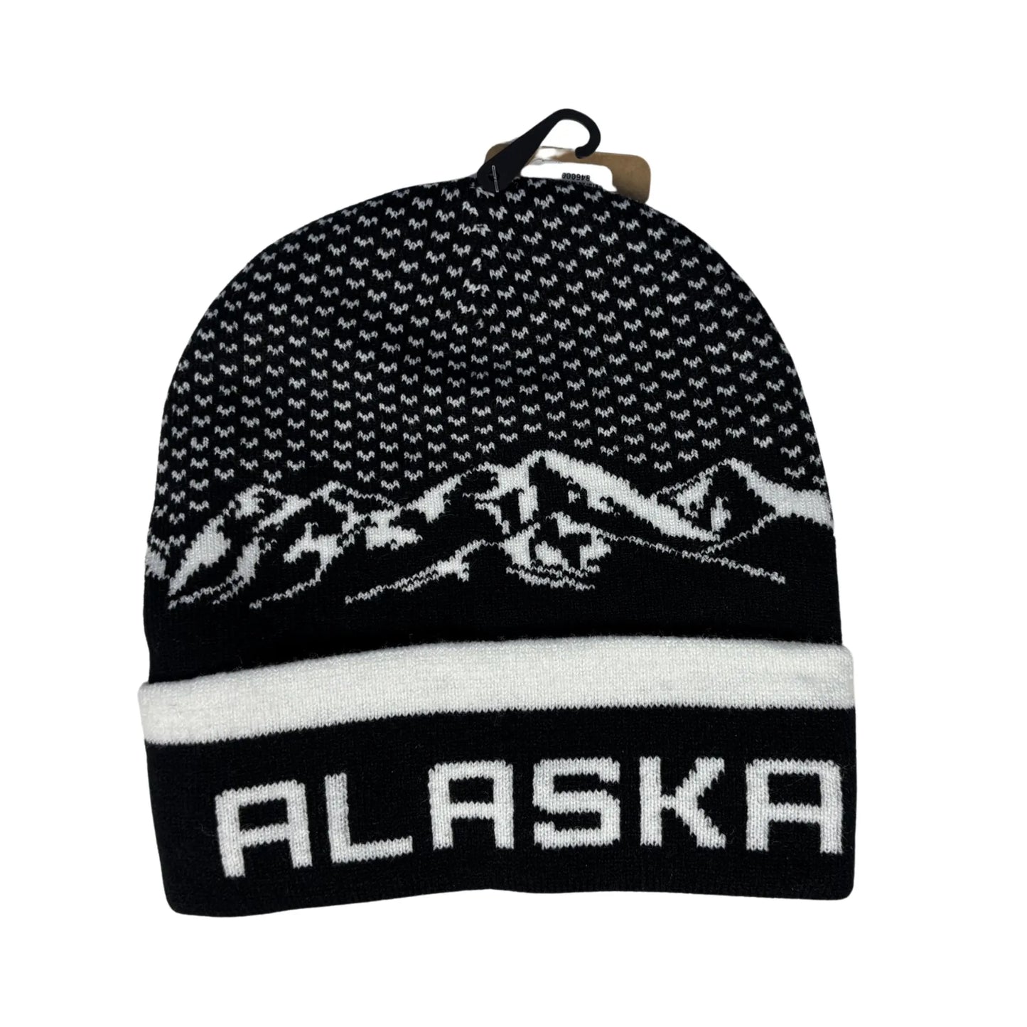 Black and white knit beanie with mountain design and 'Alaska' text