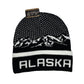 Black and white beanie with mountain design and 'Alaska' text 