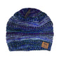 Blue and purple patterned beanie with a brand label on a white background
