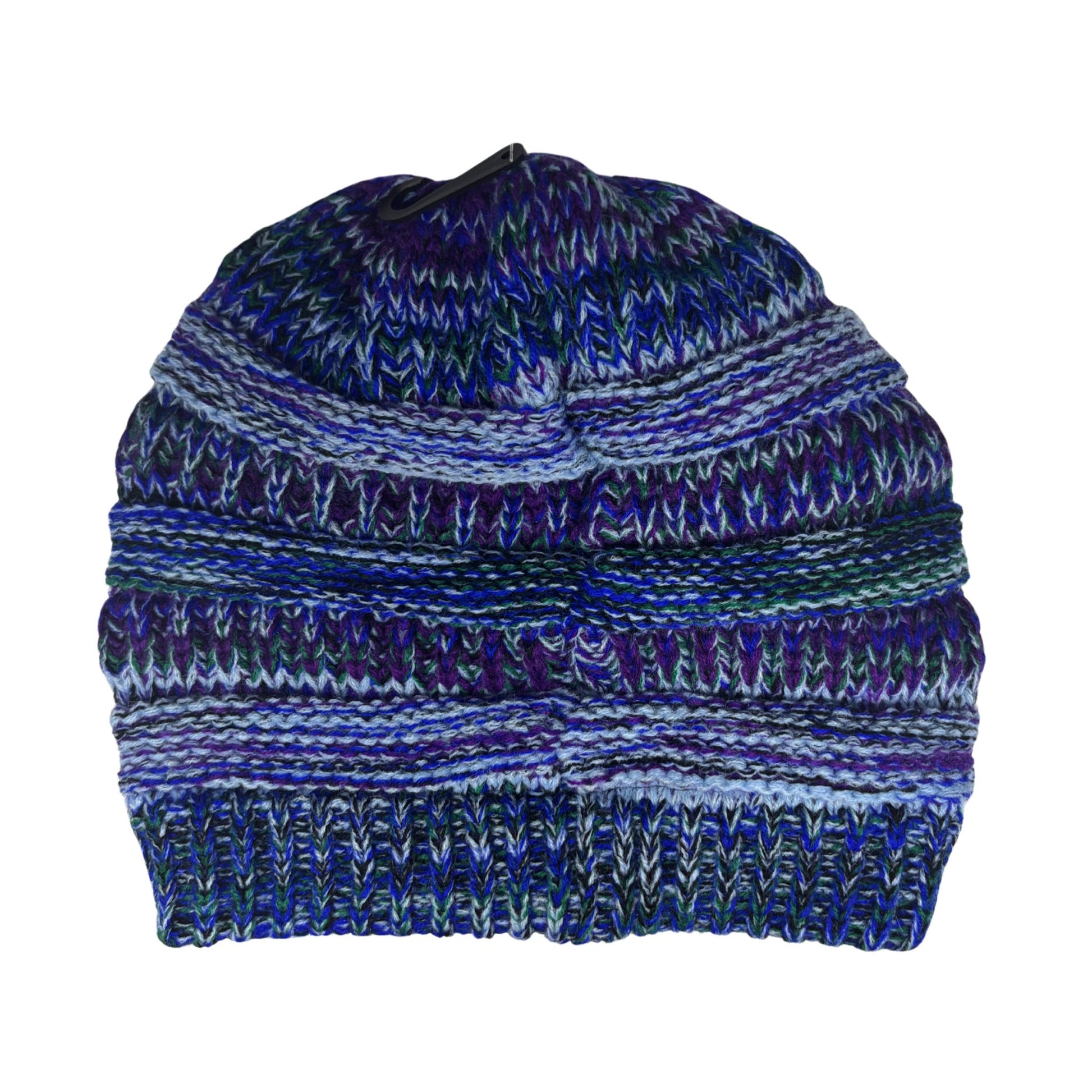 Knitted beanie with blue and purple pattern on a white background
