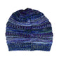 Knitted beanie with blue and purple pattern on a white background