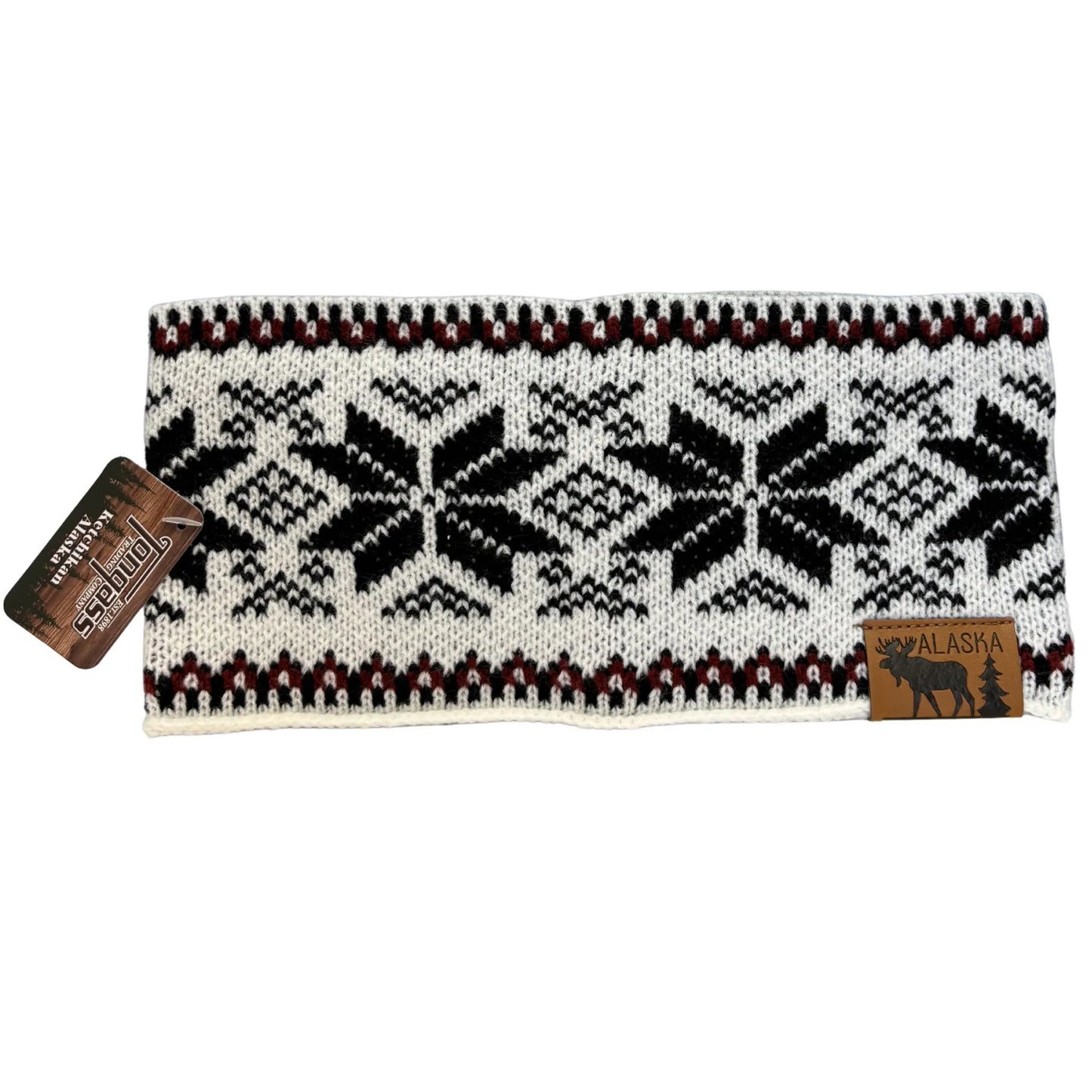 Knitted headband with a pattern and 'Alaska' label 