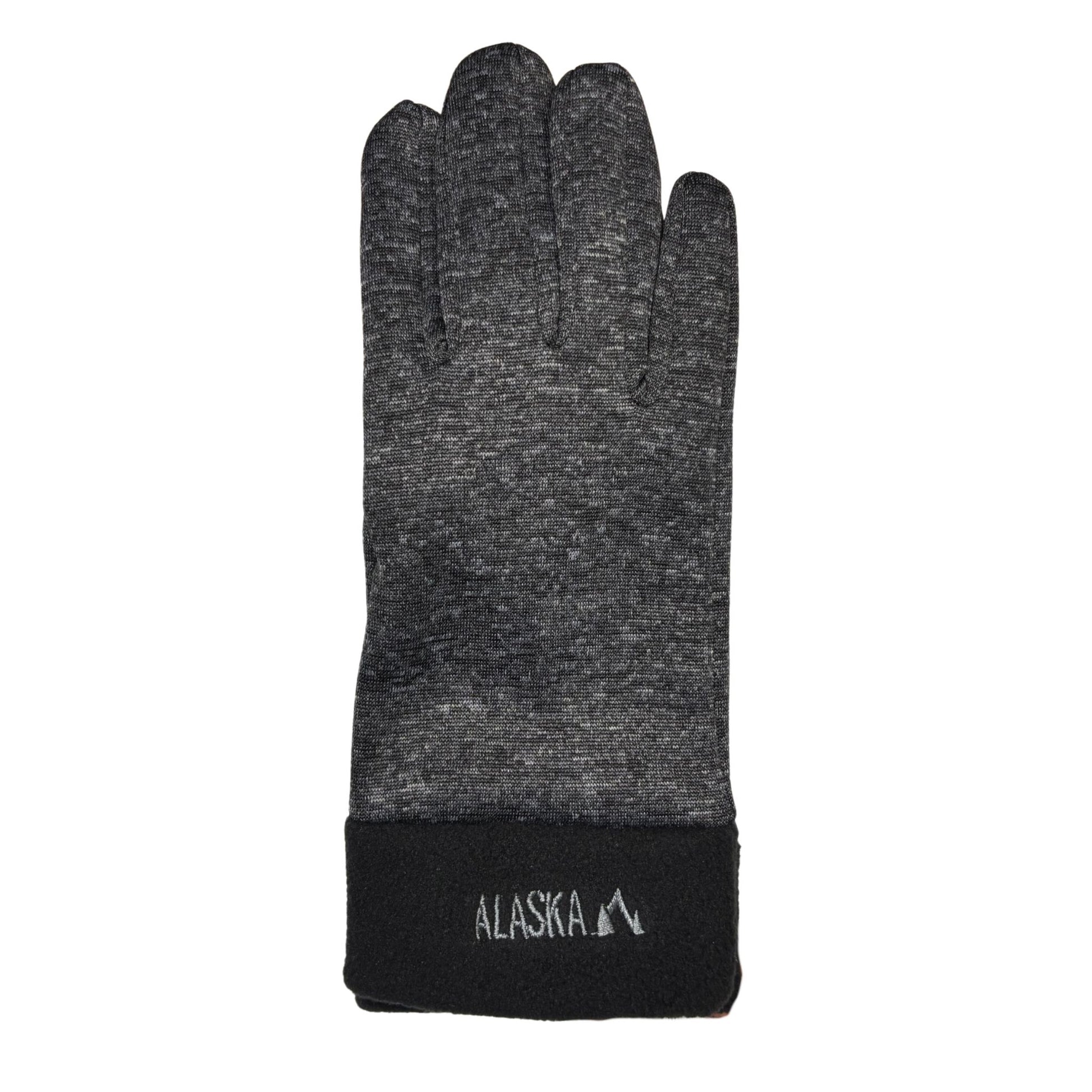 Gray glove with black cuff featuring 'Alaska' logo on a white background