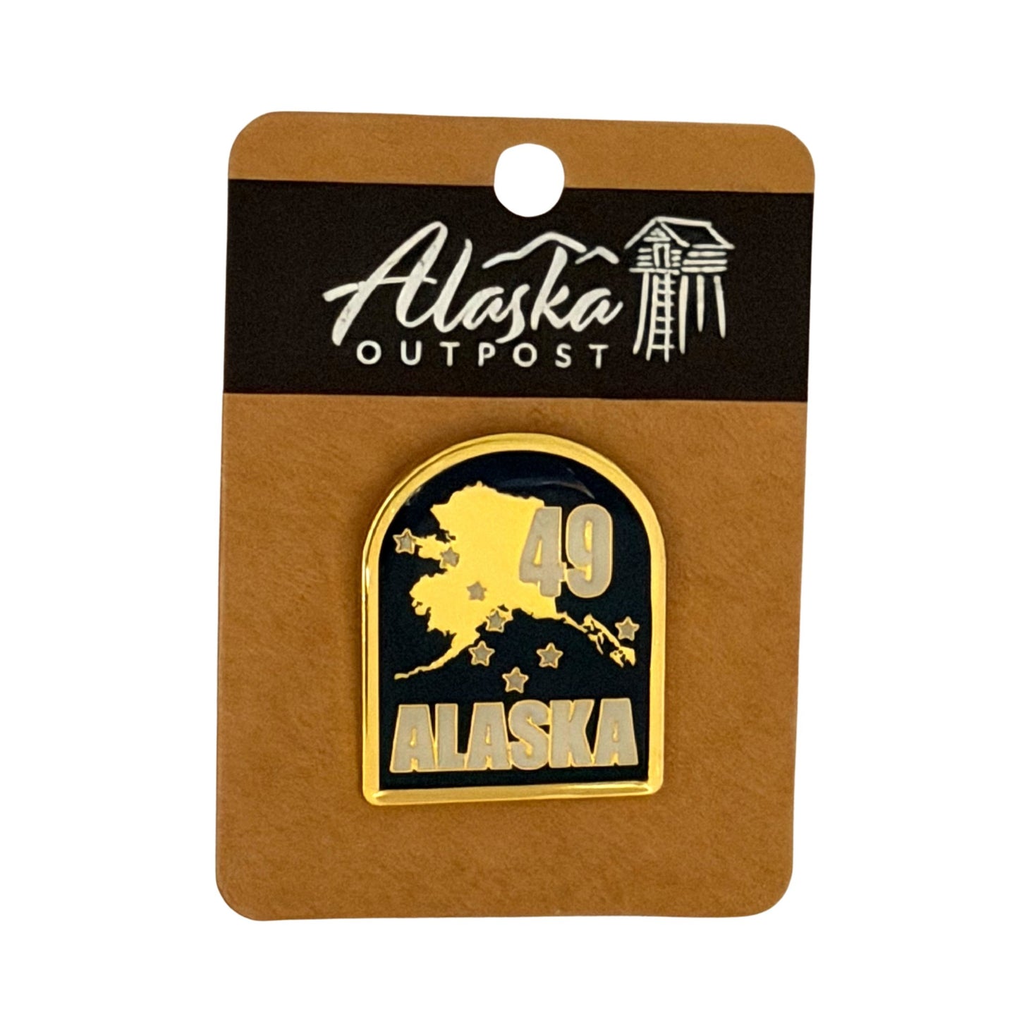 Alaska-themed pin on a brown card with 'Alaska Outpost' branding.