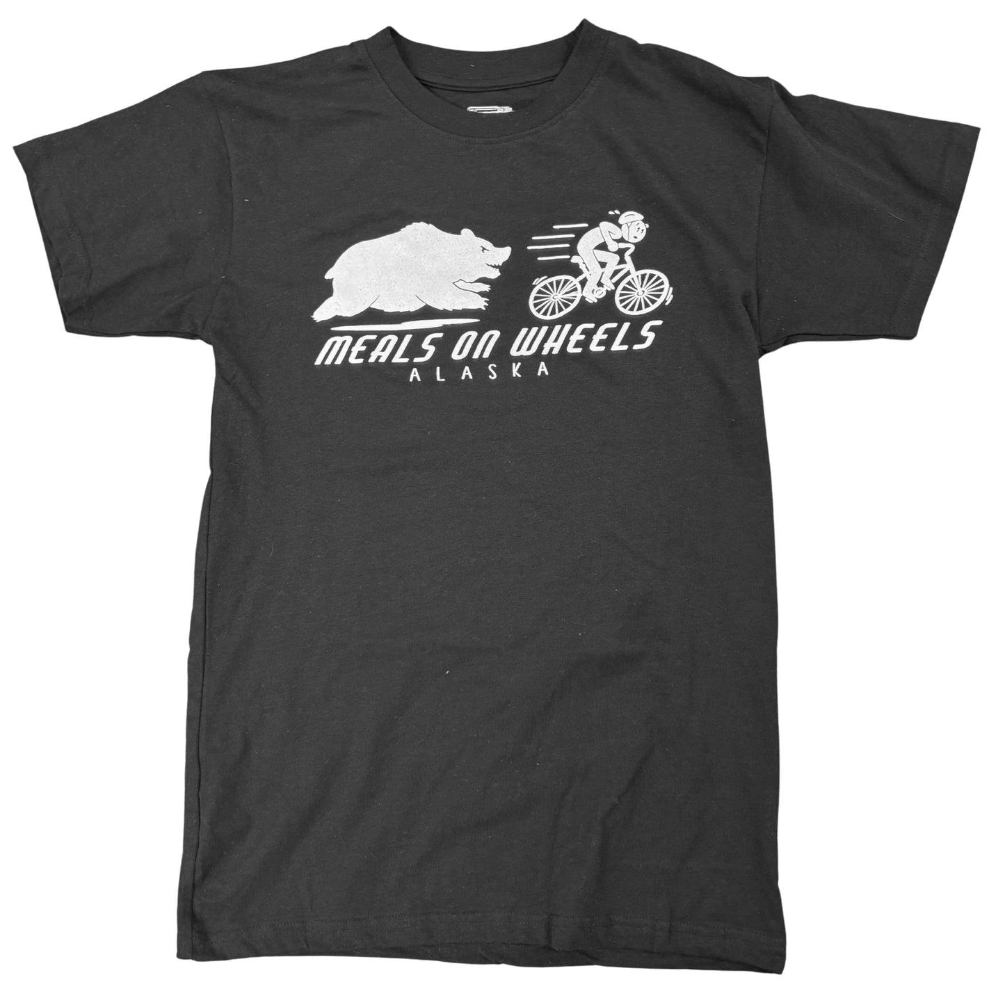 Black t-shirt with 'Meals on Wheels Alaska' graphic featuring a bear and cyclist 