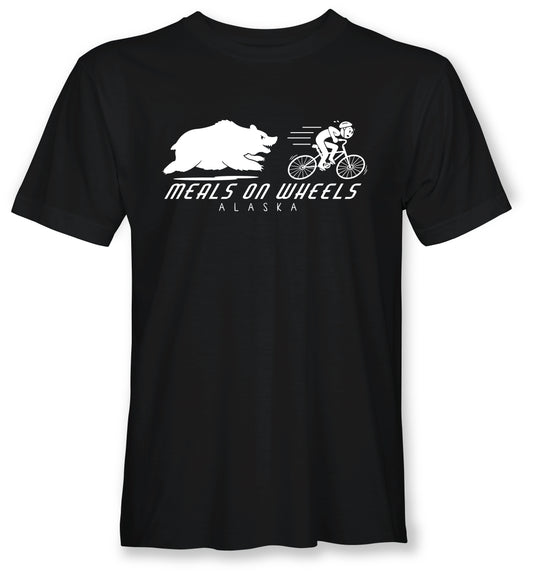 Black t-shirt with 'Meals on Wheels Alaska' graphic featuring a bear and cyclist.