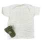 Back of heather oatmeal tee and green hat