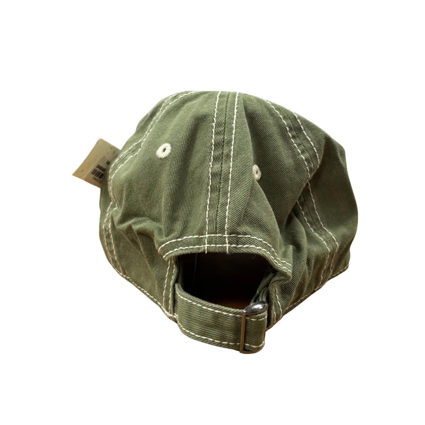 Green baseball cap with a tag on a white background