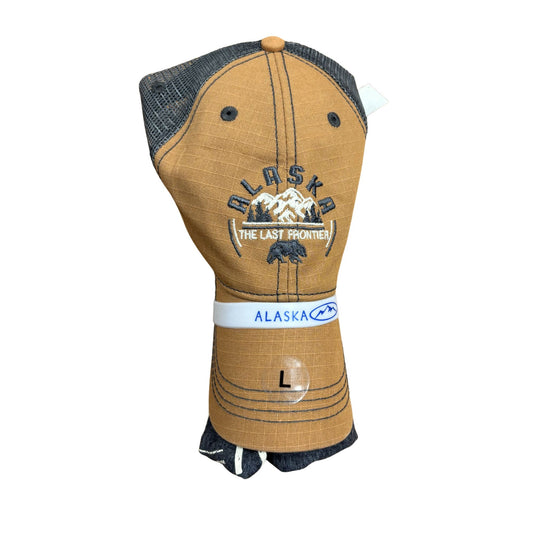 Tan and gray cap with 'Alaska The Last Frontier' text on a white background