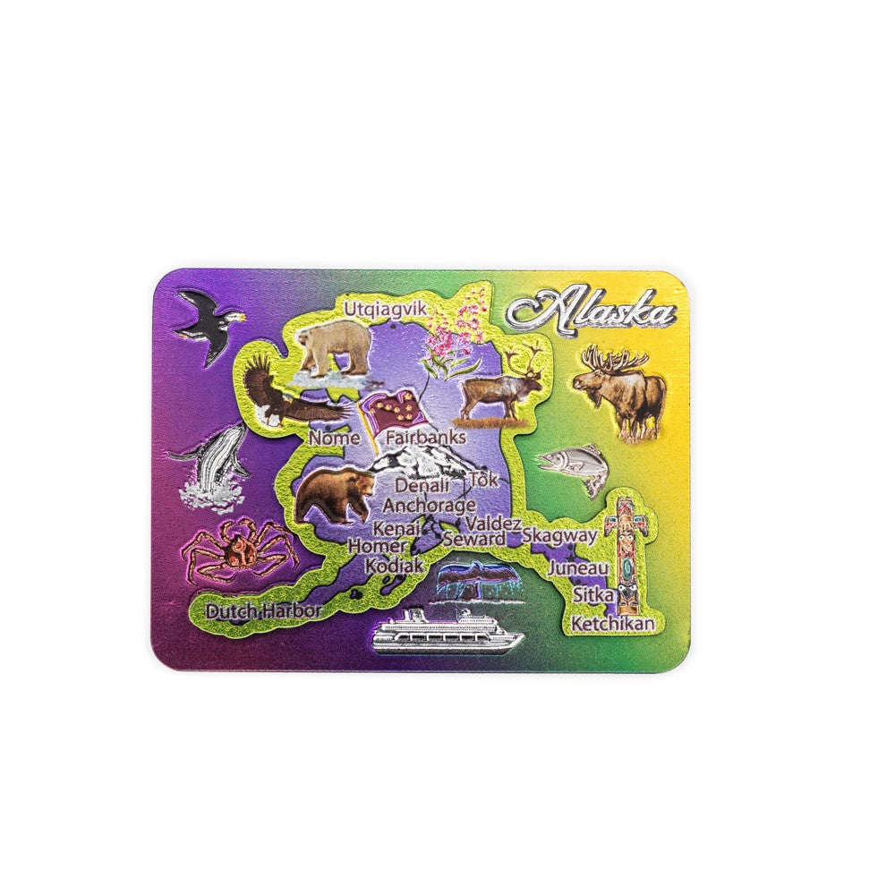 Colorful Alaska-themed magnet with map and animals on a white background