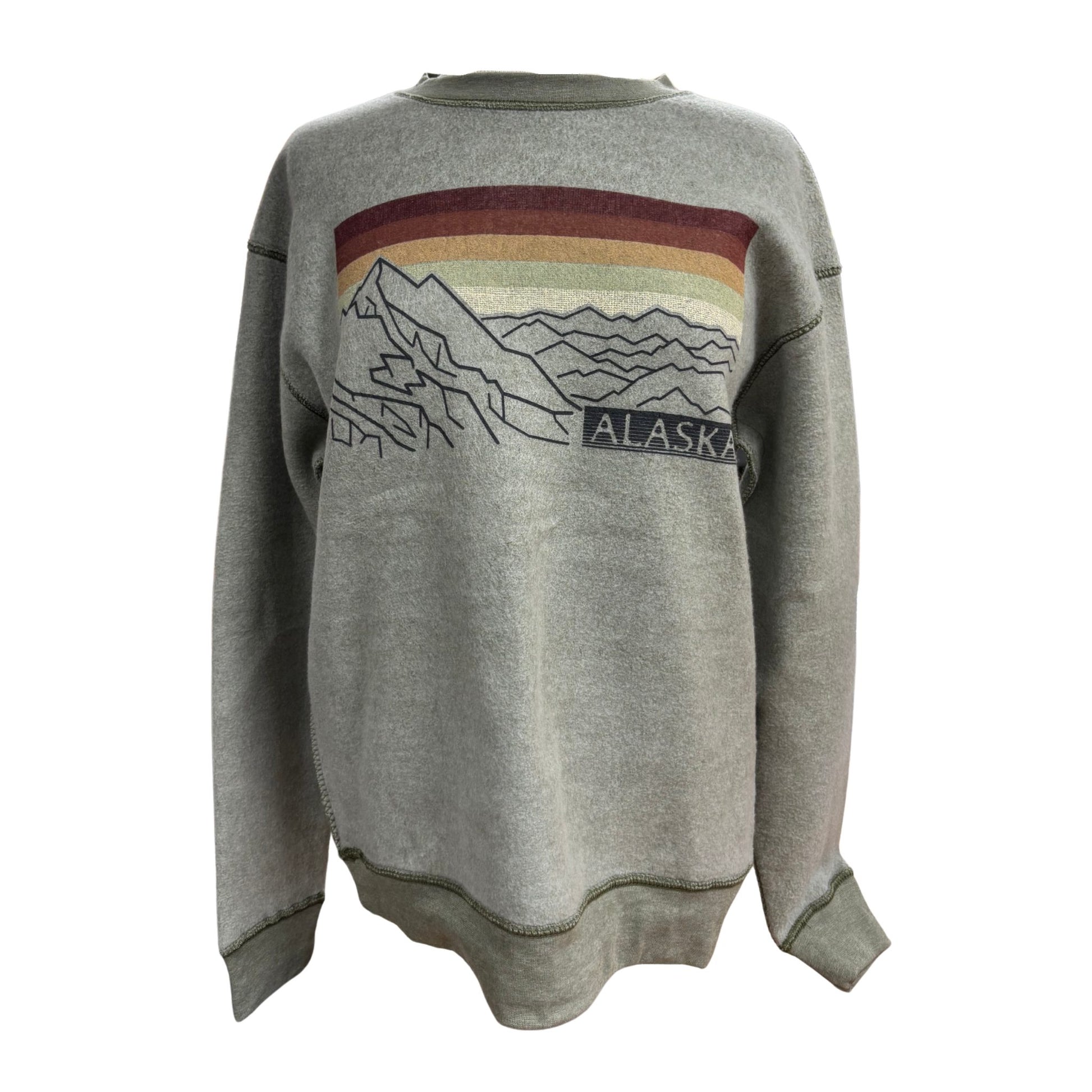 Green sweatshirt with mountain and rainbow design on a white background