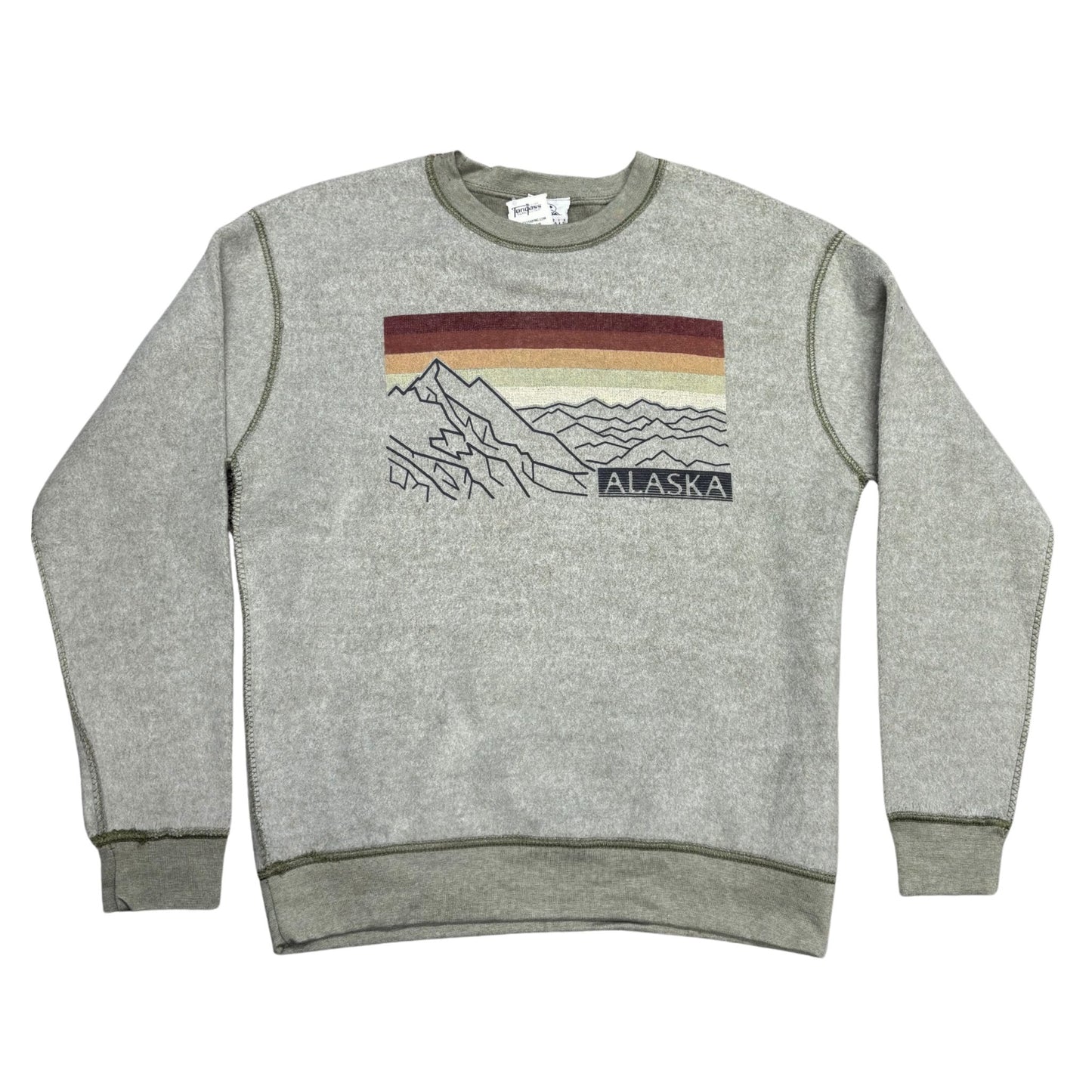 Green sweatshirt with mountain and stripe design on a white background 