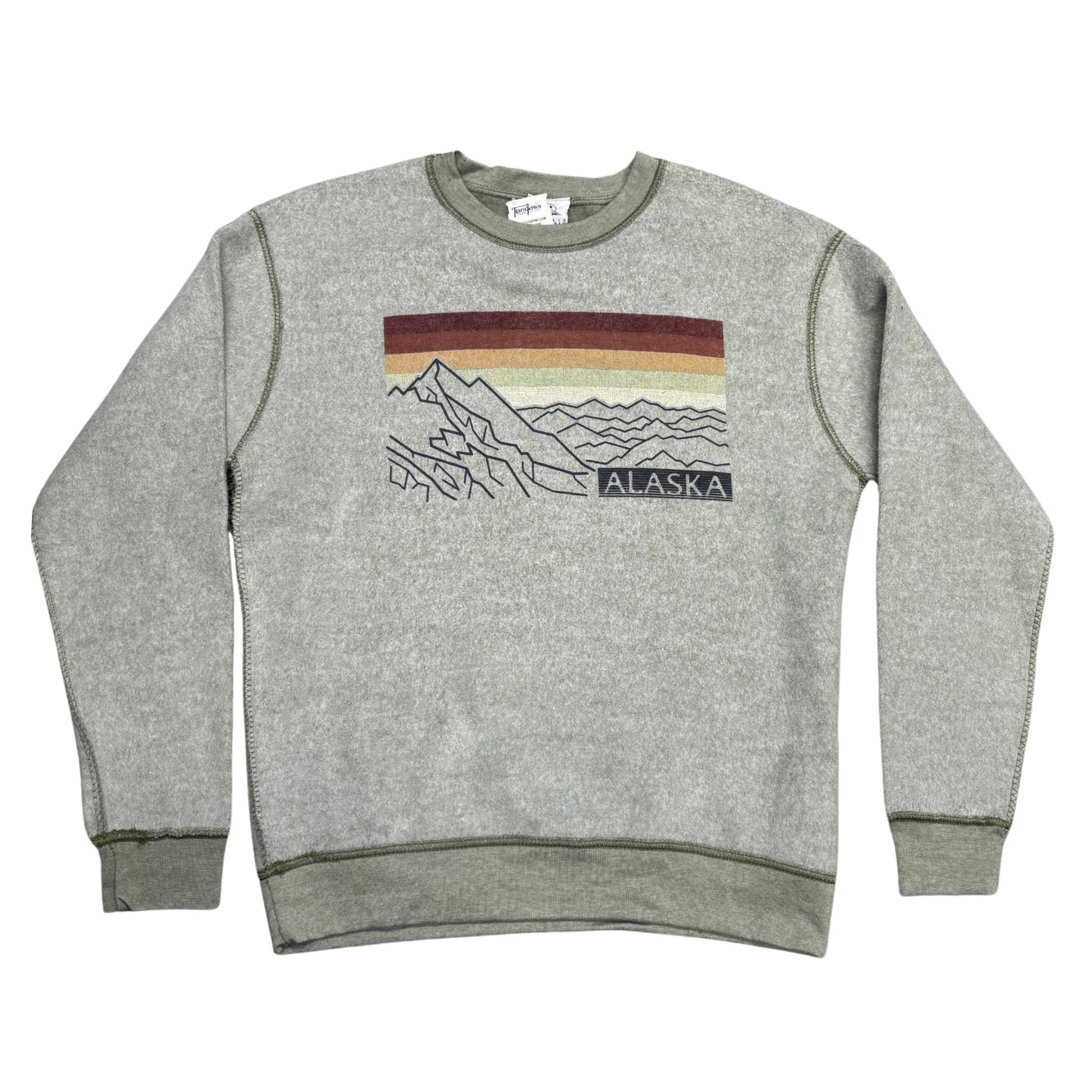 Green sweatshirt with mountain and stripe design on a white background 