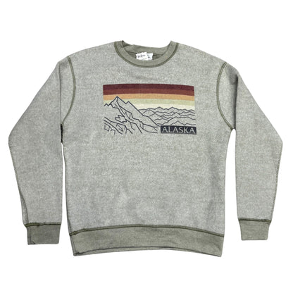 Green sweatshirt with mountain and stripe design on a white background 
