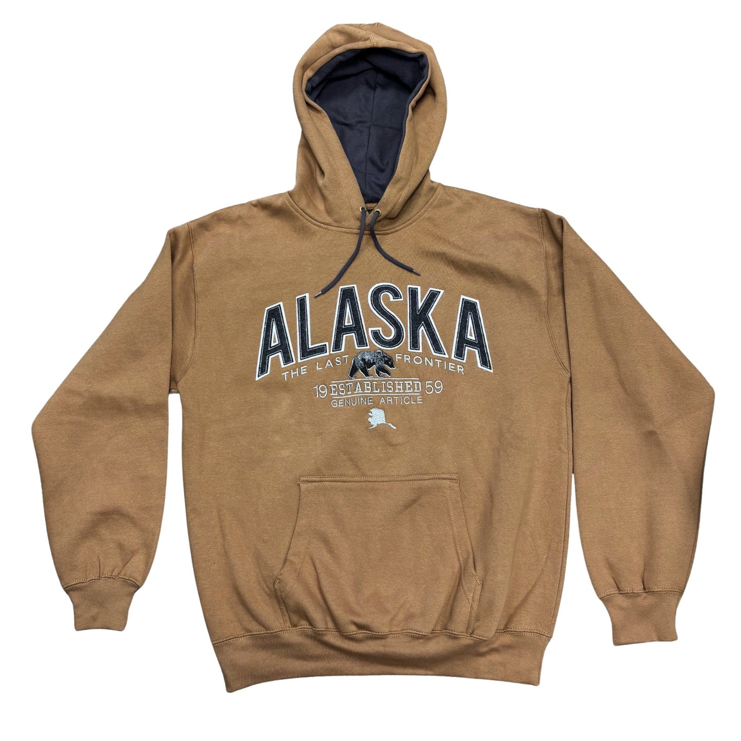 Brown hoodie with 'Alaska' text and graphic on a white background