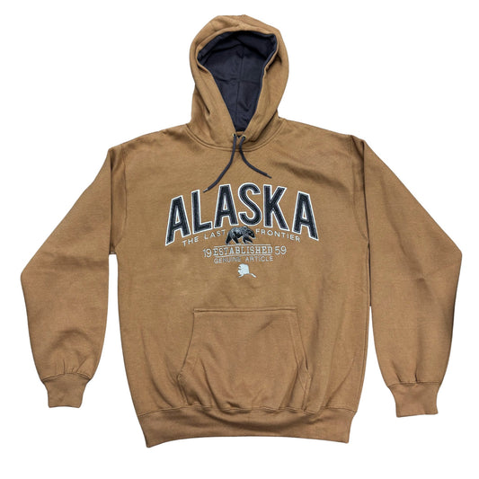 Brown hoodie with 'Alaska' text and graphic on a white background