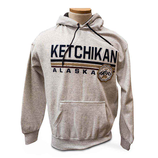 Gray hoodie with 'Ketchikan Alaska' text on a mannequin against a white background