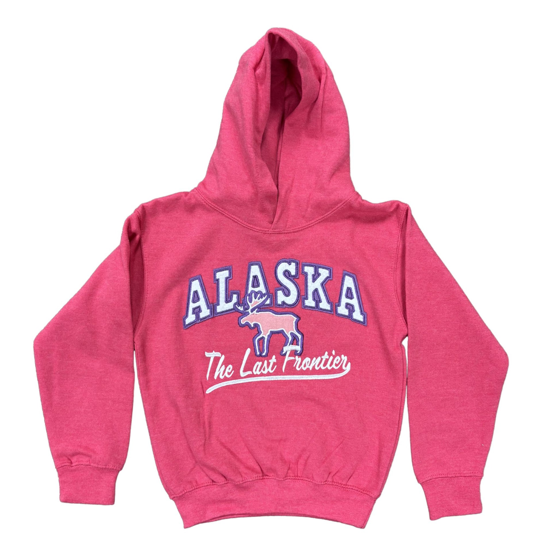 Pink hoodie with 'Alaska The Last Frontier' text and moose graphic 