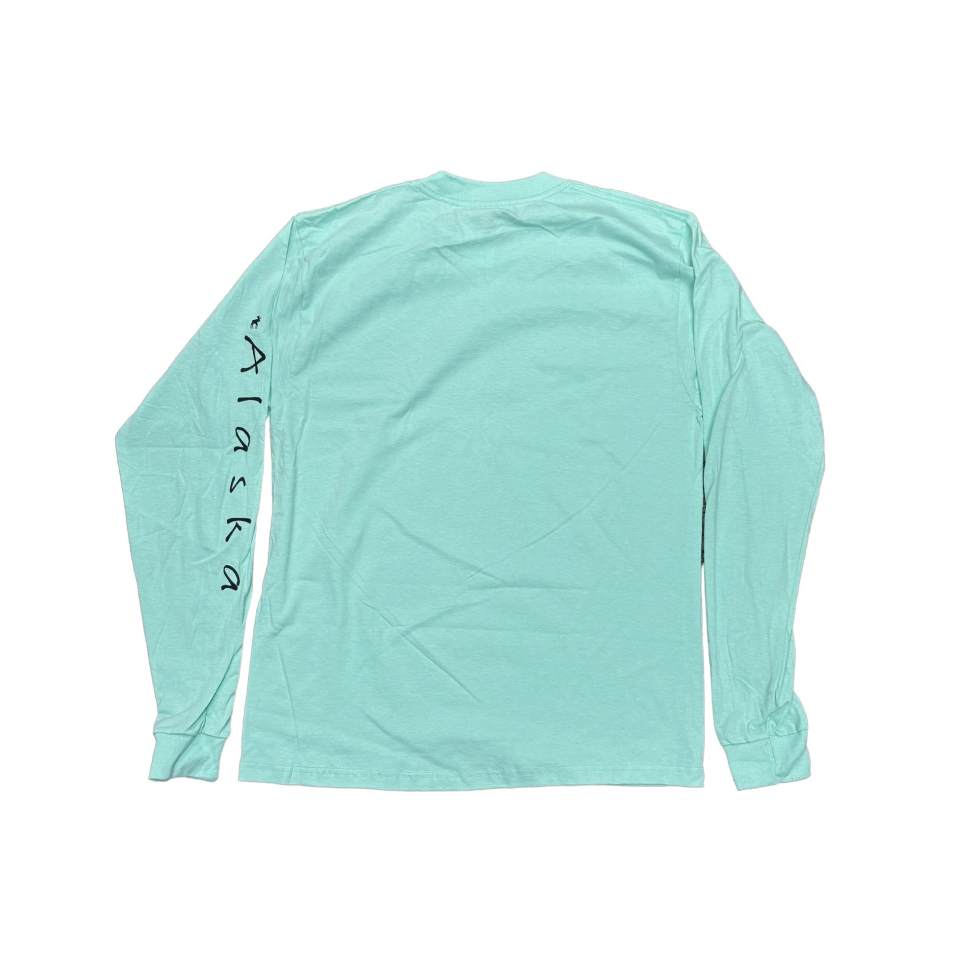 Mint green long-sleeve shirt with 'Alaska' text on sleeve against a white background