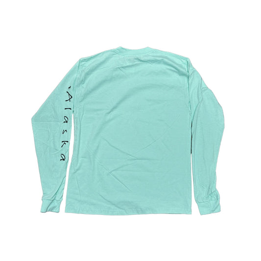 Mint green long-sleeve shirt with 'Alaska' text on sleeve against a white background