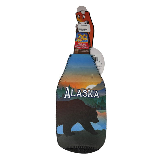 Bottle cooler with Alaska design and bear silhouette