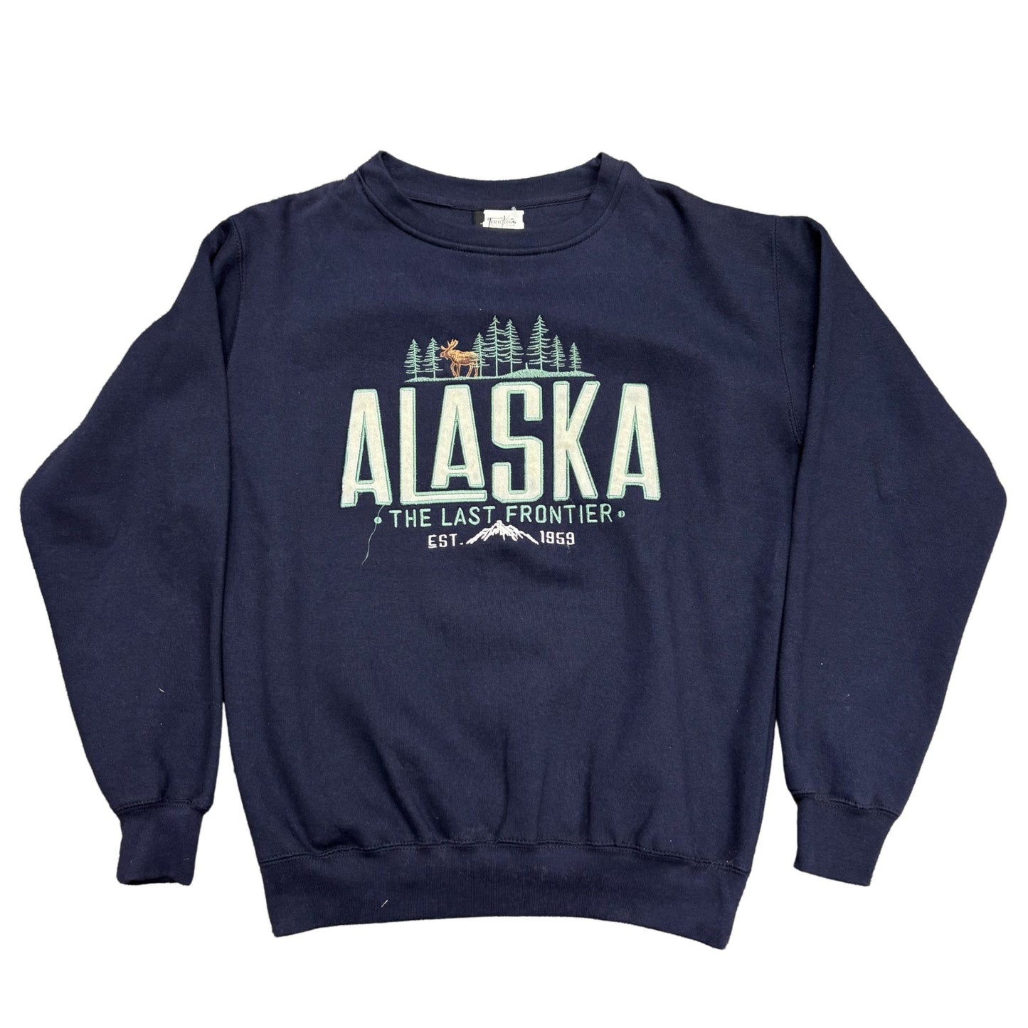 Navy blue sweatshirt with 'Alaska The Last Frontier' text and graphics