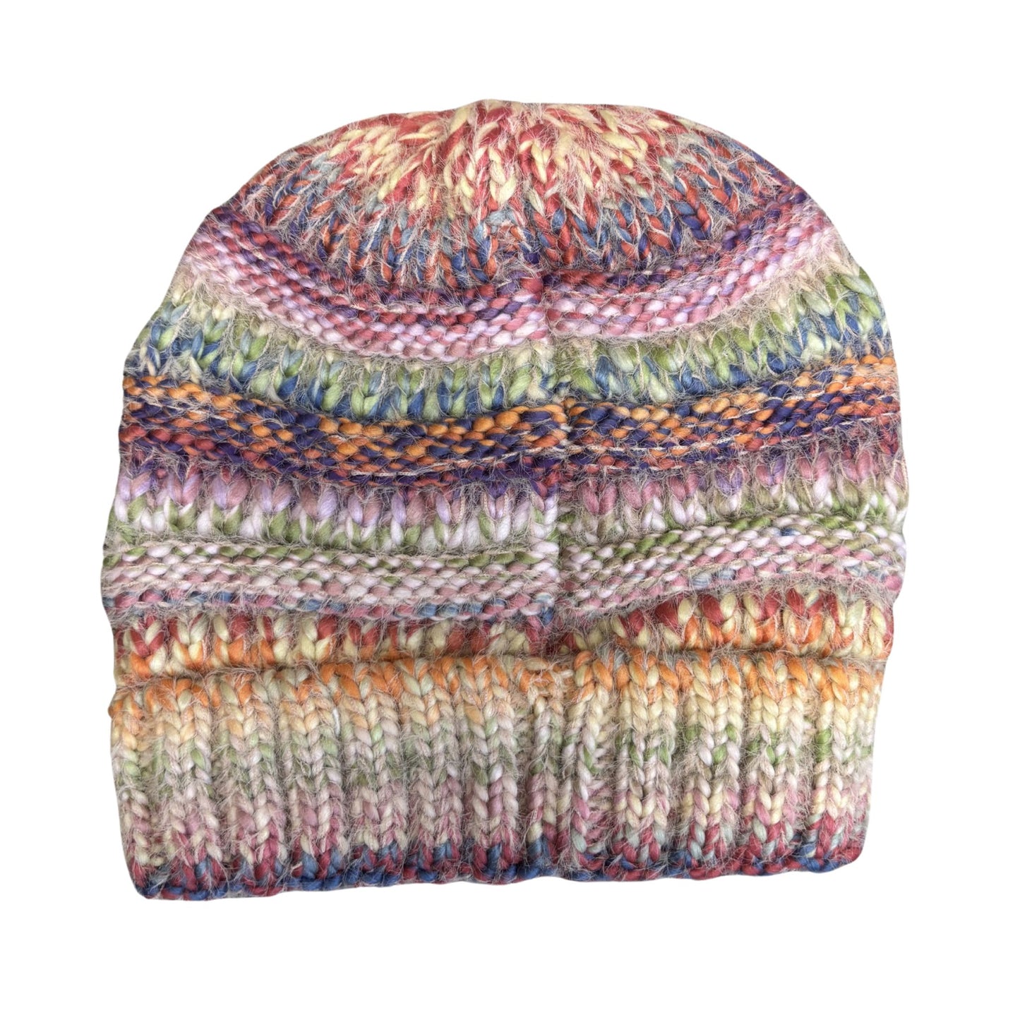 Multicolored knitted beanie on a white background