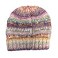 Multicolored knitted beanie on a white background