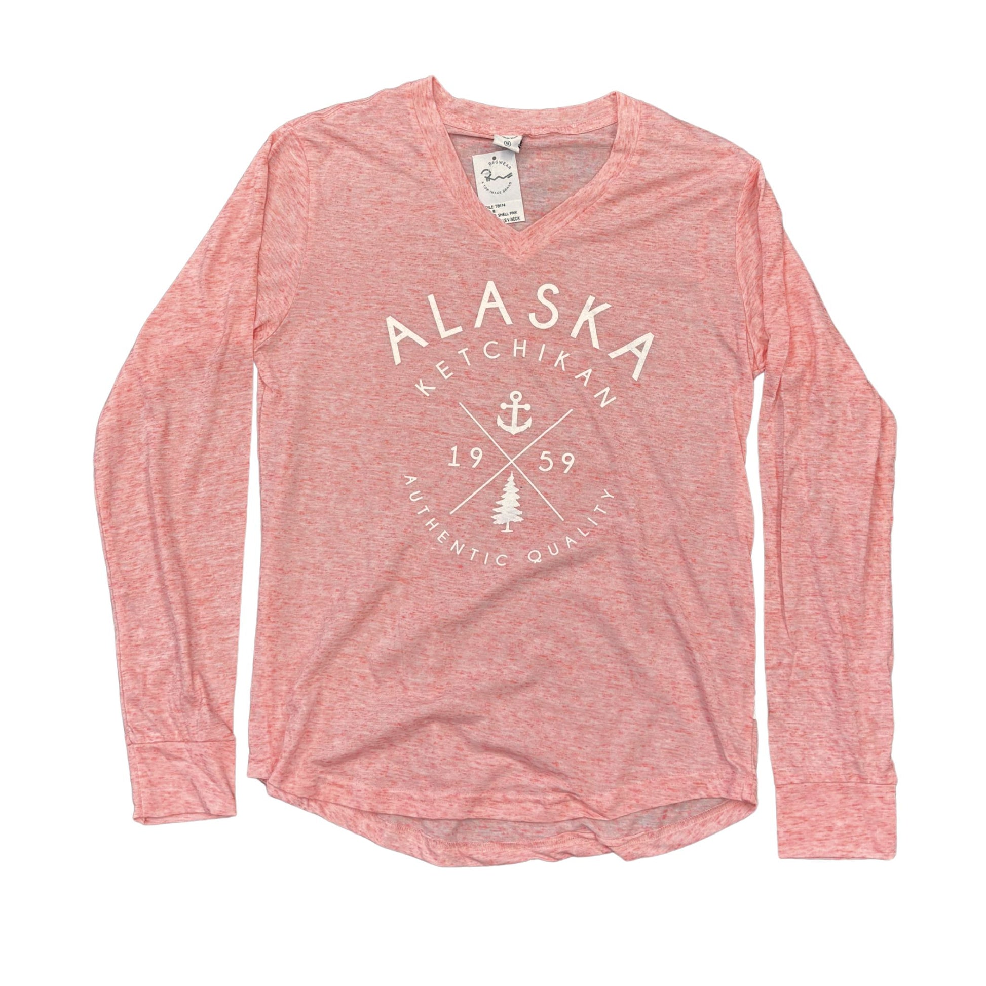 Pink long-sleeve shirt with 'Alaska Ketchikan' graphic on a white background