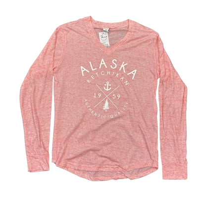 Pink long-sleeve shirt with 'Alaska Ketchikan' graphic on a white background