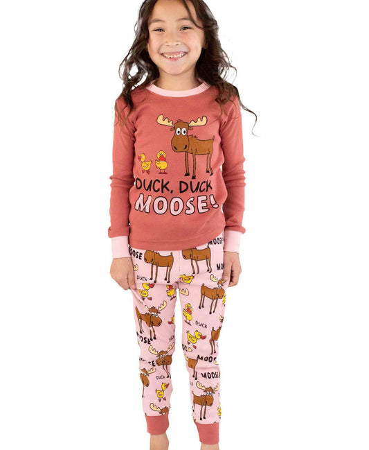 Child wearing pink 'Duck, Duck Moose' pajama set with moose and duck designs on a white background