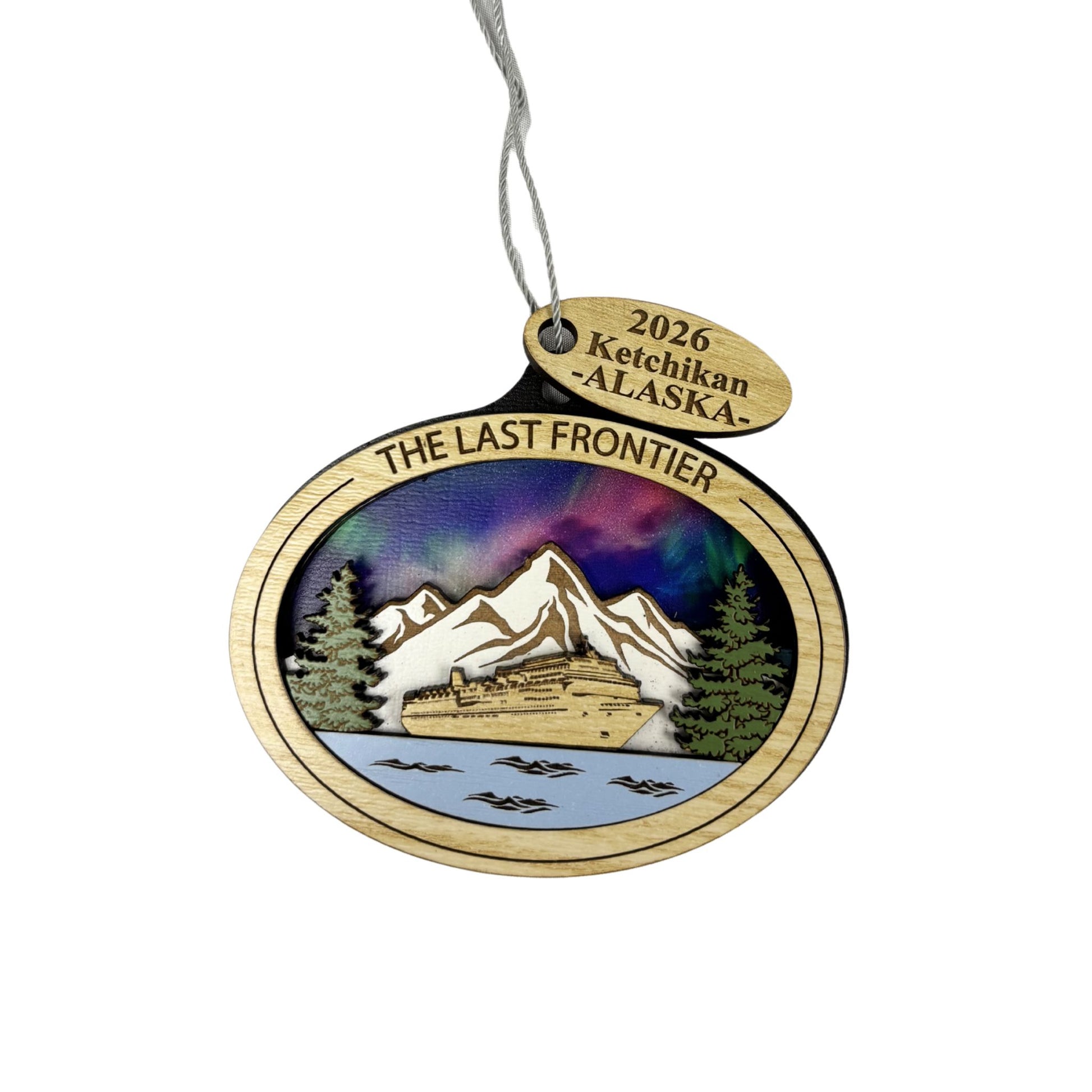 Wooden Ornament featuring northern lights and a cruise ship