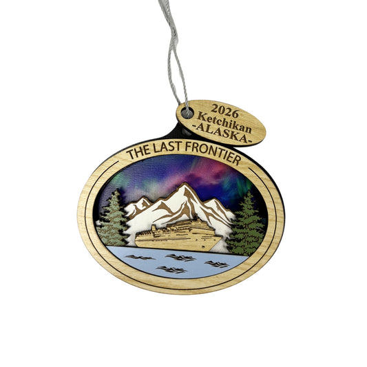 Wooden Ornament featuring northern lights and a cruise ship