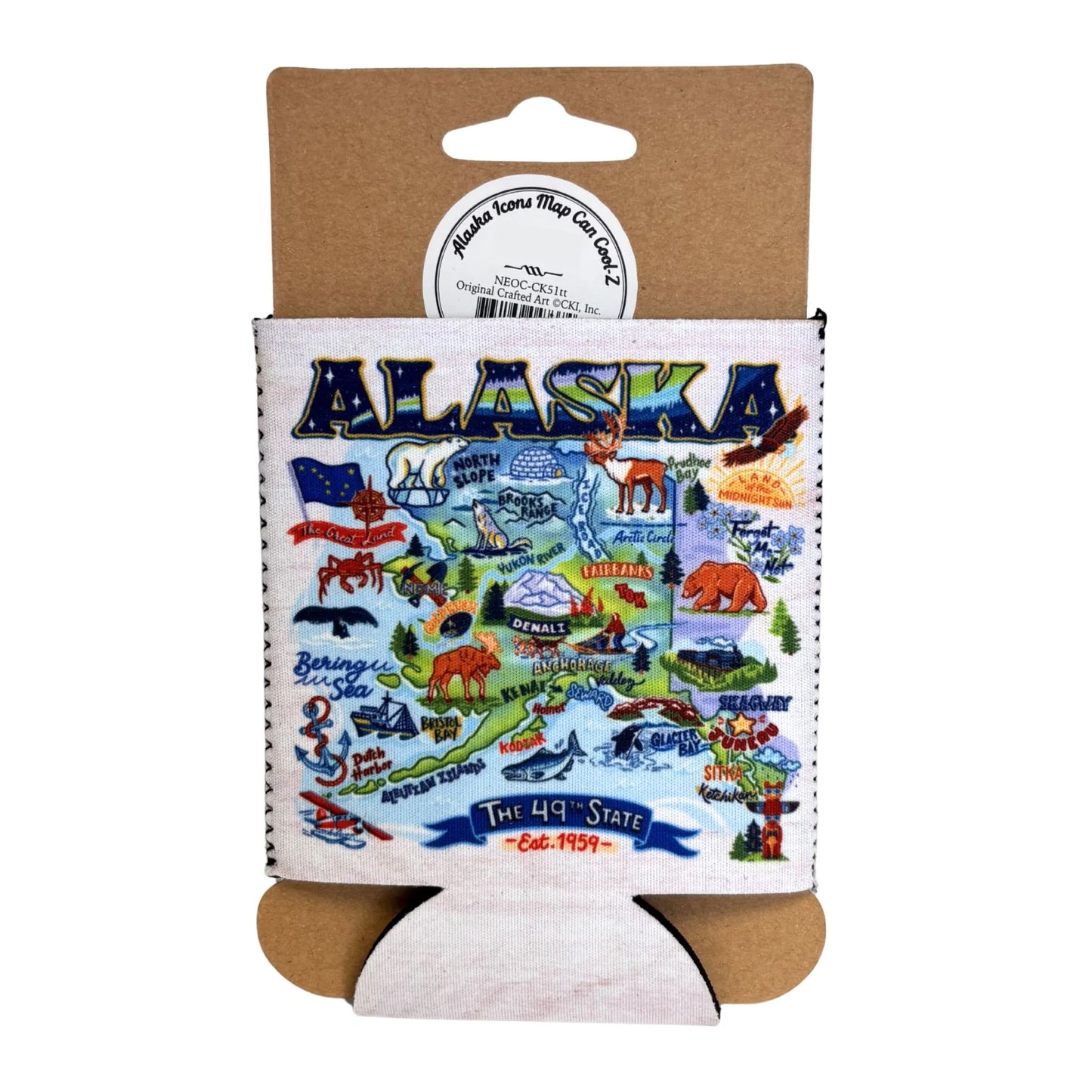 Koozie with Alaska-themed design on a white background