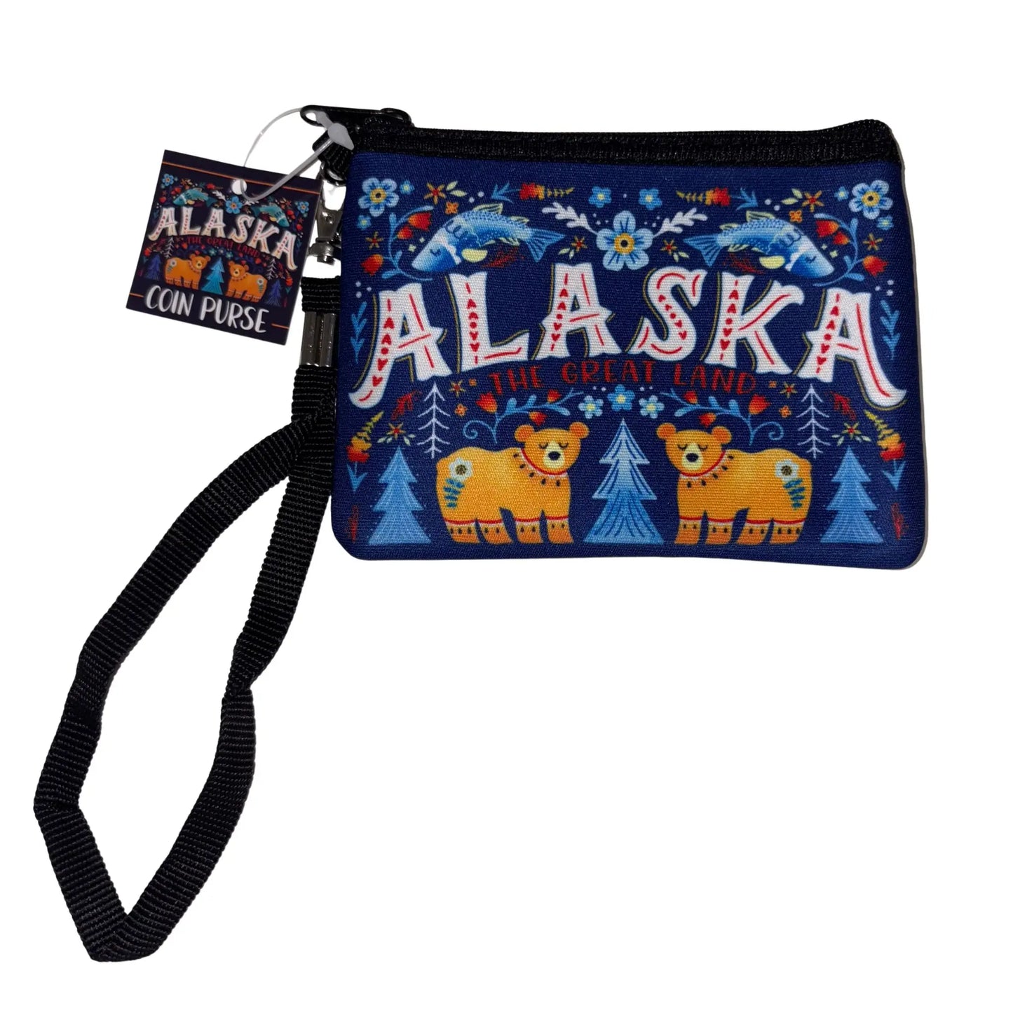 Colorful Alaska-themed coin purse with wrist strap on a white background